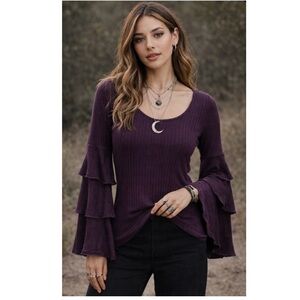 💘 Purple Boho Witchy Waffle Knit Scoop Neck Tier Bell Sleeve Top CHASER NWT S